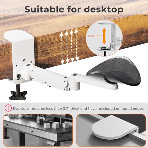 JOY worker Universal Clamp-on Adjustable Armrest, Ergonomic 360° Rotating Elbow Rest Pad for Desk, 6-Level Height Desk Arm Support for Thicker Desktop, Left/Right Hand, White - Image 4