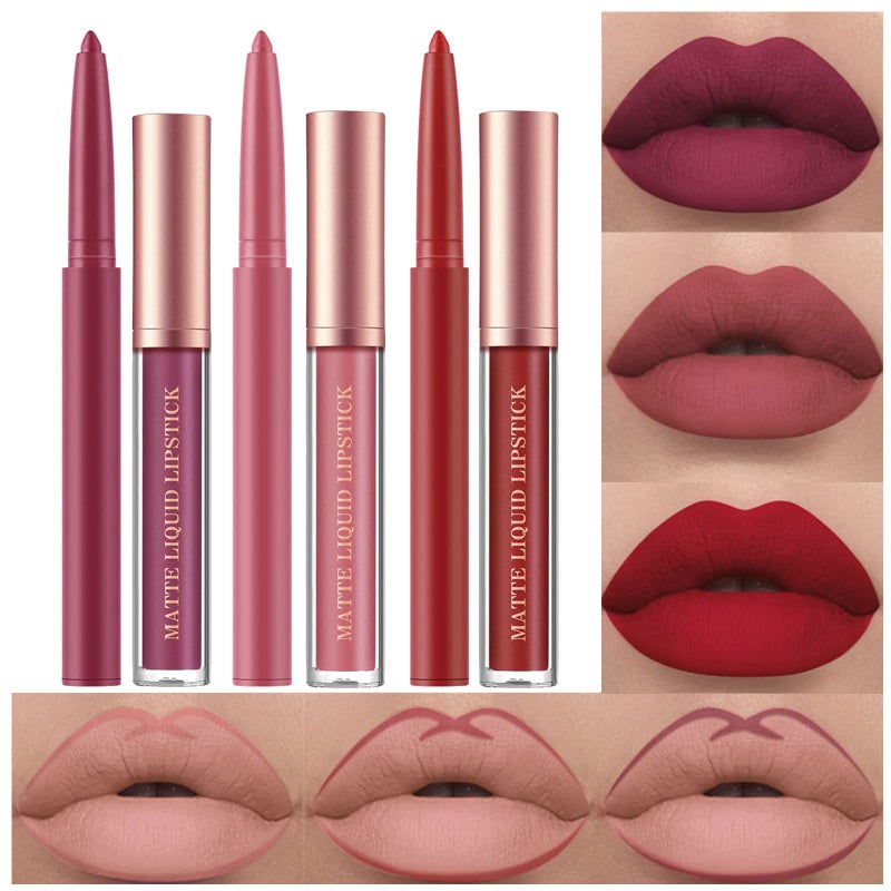 BestLand 6Pcs Matte Liquid Lipstick and Lip Liner Set, Non-Stick Cup Not Fade Waterproof 24 Hour Lip Gloss Nude Brown Lip Liner Pencil for Women, labiales mate 24 horas originales (Set B) - Image 1