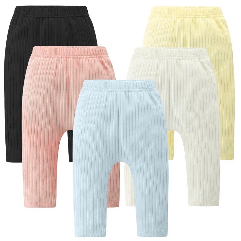 Fullfamous Infant Baby Girl Pants Leggings Cotton Ribbed 5 Pack Pant Clothing Outfits Clothes Black/White/Pink/Yellow/Blue 18-24 Months - Image 1