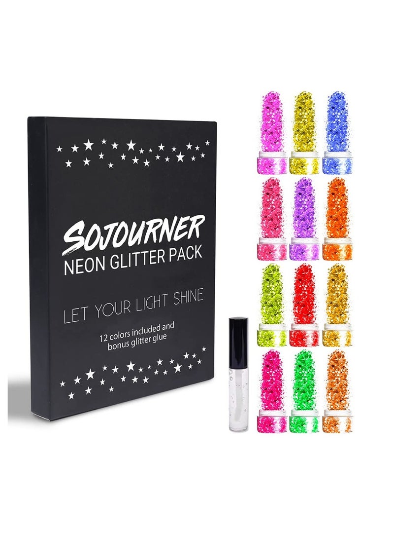 SoJourner Bags Neon Holographic Body Glitter I 12 Colors + 1 Glitter Glue for Face, Hair, Nail, Eye & Glitter Eyeshadow - Perfect for Halloween Makeup, Raves, Festivals, Resin, Tumblers, Cosmetic & Nail Art - Image 3
