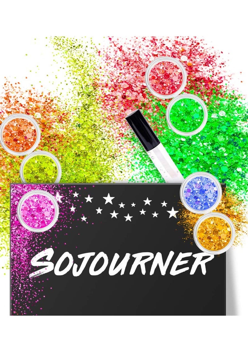 SoJourner Bags Neon Holographic Body Glitter I 12 Colors + 1 Glitter Glue for Face, Hair, Nail, Eye & Glitter Eyeshadow - Perfect for Halloween Makeup, Raves, Festivals, Resin, Tumblers, Cosmetic & Nail Art - Image 2