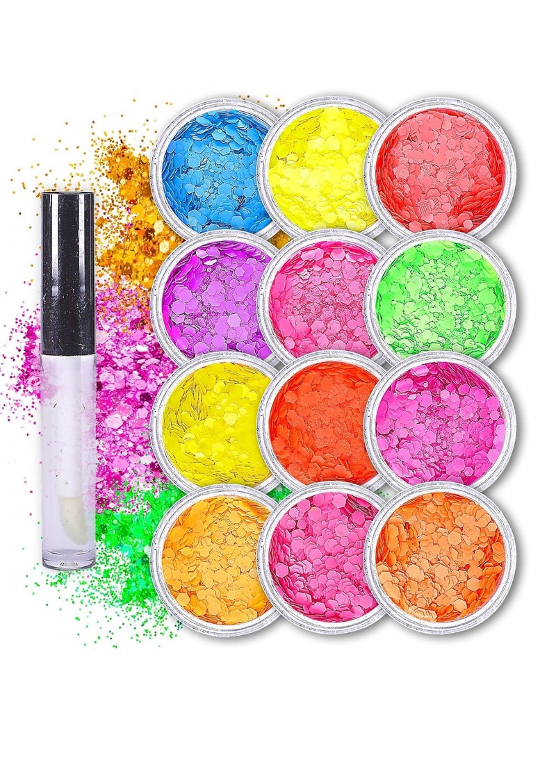 SoJourner Bags Neon Holographic Body Glitter I 12 Colors + 1 Glitter Glue for Face, Hair, Nail, Eye & Glitter Eyeshadow - Perfect for Halloween Makeup, Raves, Festivals, Resin, Tumblers, Cosmetic & Nail Art - Image 1