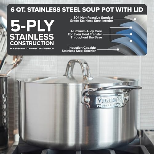 Viking 5Ply Stainless Steel Stock Pot 6 Quart Soup Cooking Pot with Lid Kitchen Cookware Satin Finish - Image 3