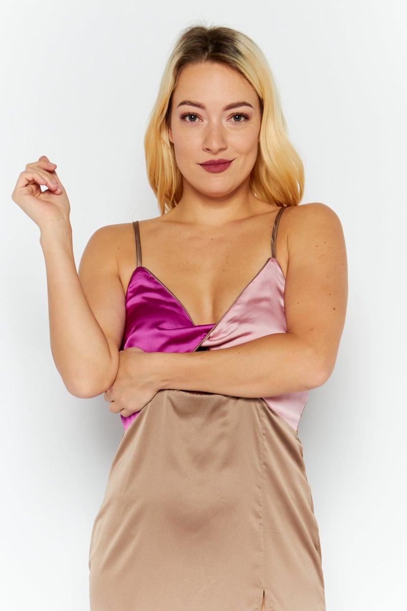 saint genies فستان ماكسي ساتان للنساء، موكا - Image 4