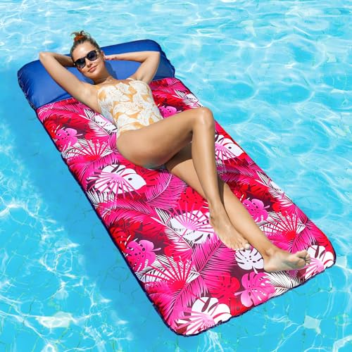 FindUWill Oversized Pool Lounger Floats Adults 72 x37 XL Fabric Covered Pool Float with Headrest UltraComfort Pool Floaties Raft for Party Lake Beach XL Palm Leaves Pink - Image 1