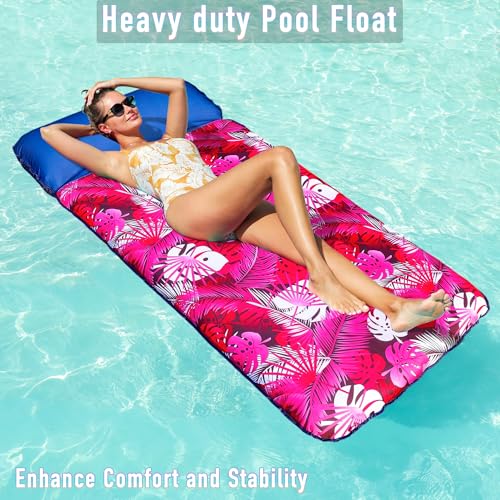 FindUWill Oversized Pool Lounger Floats Adults 72 x37 XL Fabric Covered Pool Float with Headrest UltraComfort Pool Floaties Raft for Party Lake Beach XL Palm Leaves Pink - Image 5