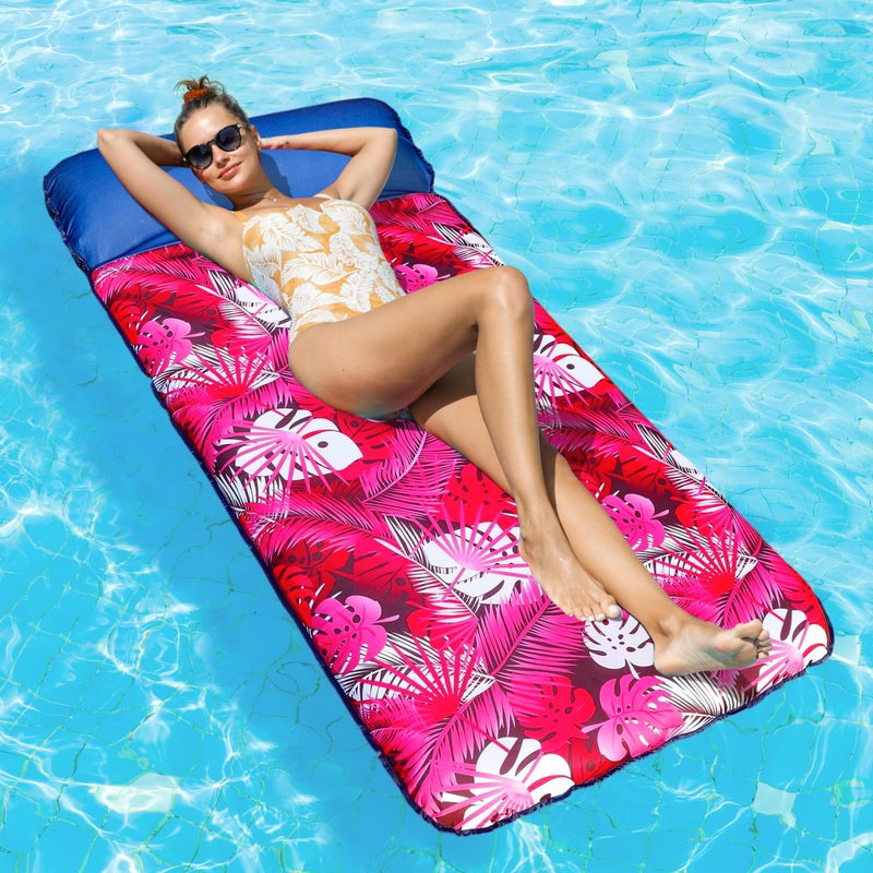 FindUWill Oversized Pool Lounger Floats Adults 72 x37 XL Fabric Covered Pool Float with Headrest UltraComfort Pool Floaties Raft for Party Lake Beach XL Palm Leaves Pink - Image 2