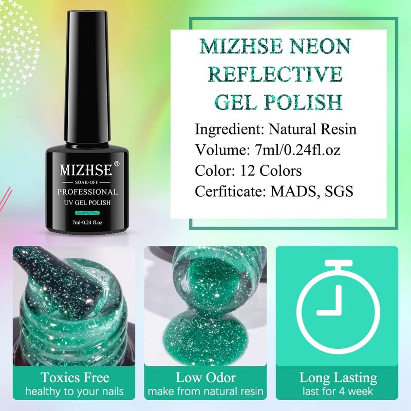 MIZHSE Reflective Diamond Gel Nail Polish Kit 12 Pcs, Colorful Glitter Soak Off UV LED Gel Polish, Sparkly Home Manicure Nail Art Salon 7ml - Image 5