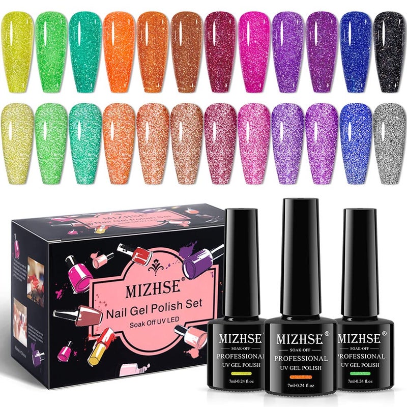 MIZHSE Reflective Diamond Gel Nail Polish Kit 12 Pcs, Colorful Glitter Soak Off UV LED Gel Polish, Sparkly Home Manicure Nail Art Salon 7ml - Image 1