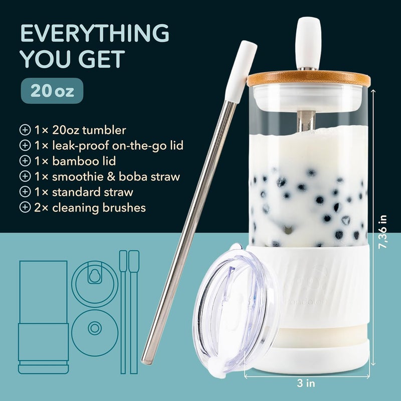 Pandaloo ® Glass Cups With Lids and Straws -20 Fl Oz- Perfect Size Iced Coffee Cup - Smoothie Cup With Bamboo Lid and On the go Lid - Glass Tumbler With Straw (1 Count (Pack of 1), Coton White) - Image 2
