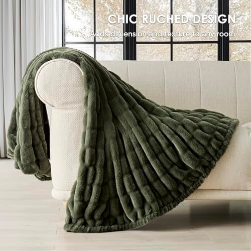EVERGRACE Luxurious Soft Faux Rabbit Fur Throw Blanket Cozy Fuzzy Plush Warm Throws for Couch Bed Sofa Chair Home Decor Ruched Bubble Fluffy Blanket with Reversible Velvet 50 x 60 Loden Green - Image 3