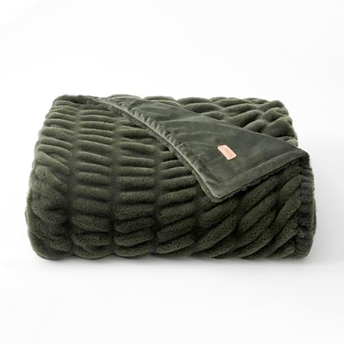 EVERGRACE Luxurious Soft Faux Rabbit Fur Throw Blanket Cozy Fuzzy Plush Warm Throws for Couch Bed Sofa Chair Home Decor Ruched Bubble Fluffy Blanket with Reversible Velvet 50 x 60 Loden Green - Image 1