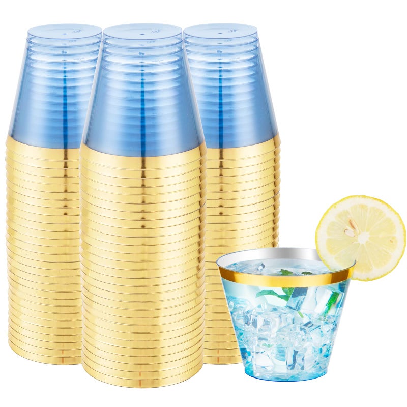 LUODA 150 PCS Blue Plastic Cups9oz Clear Disposable Cups with Gold Rim Old Fashioned Tumblers Gold Rimmed Plastic Cups for Any occasion Weddings Parties Business Events