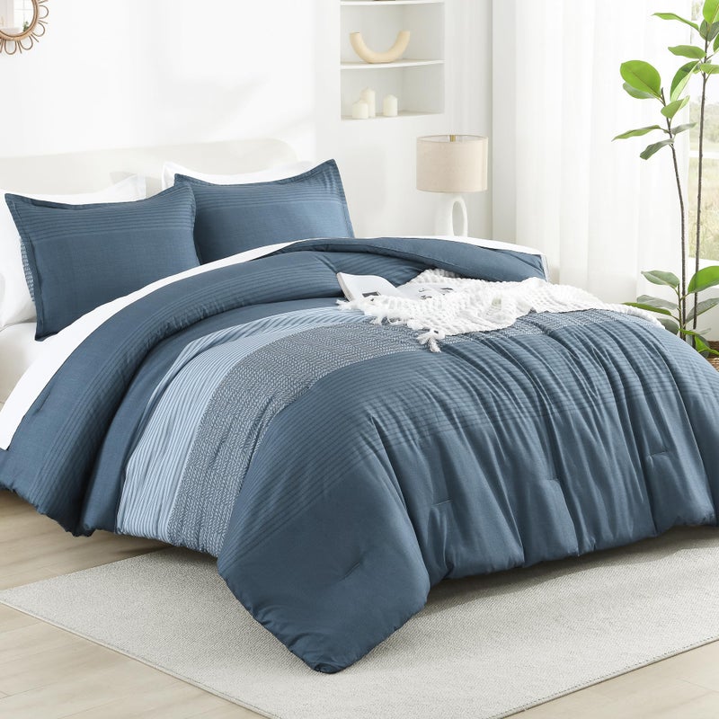 Litanika Haze Blue Comforter Set Queen - 3 Pieces Lightweight Haze Blue White Colorblock Stripe Fluffy Bedding Comforter Sets  All Season Bed Set - Image 2