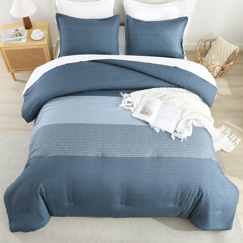 Litanika Haze Blue Comforter Set Queen - 3 Pieces Lightweight Haze Blue White Colorblock Stripe Fluffy Bedding Comforter Sets  All Season Bed Set - Image 4