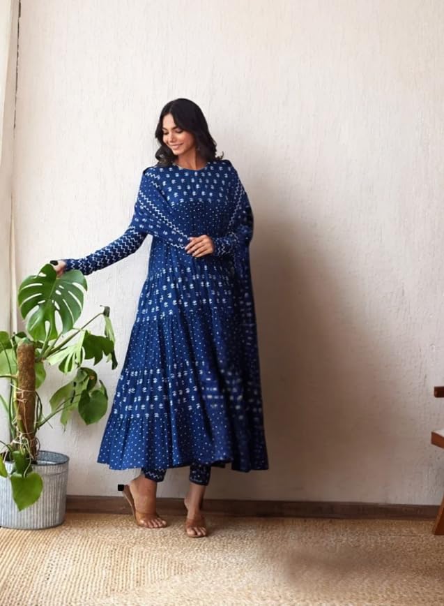 ANNI Designer Women's Rayon Viscose Anarkali Printed Kurta with Pant & Dupatta (CARLOE Blue_S_Blue_Small) - Image 2