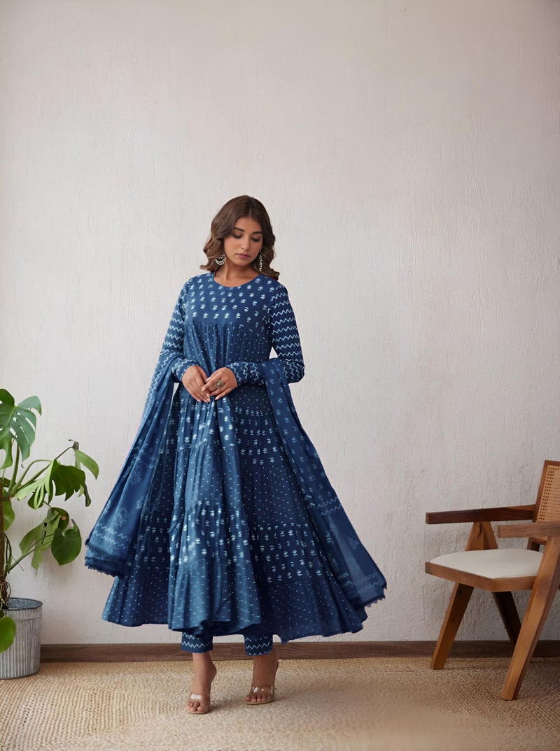 ANNI Designer Women's Rayon Viscose Anarkali Printed Kurta with Pant & Dupatta (CARLOE Blue_S_Blue_Small) - Image 3