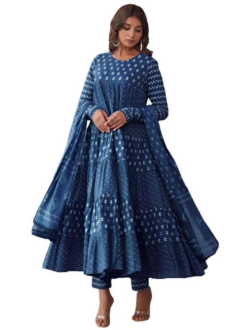 ANNI Designer Women's Rayon Viscose Anarkali Printed Kurta with Pant & Dupatta (CARLOE Blue_S_Blue_Small) - Image 1