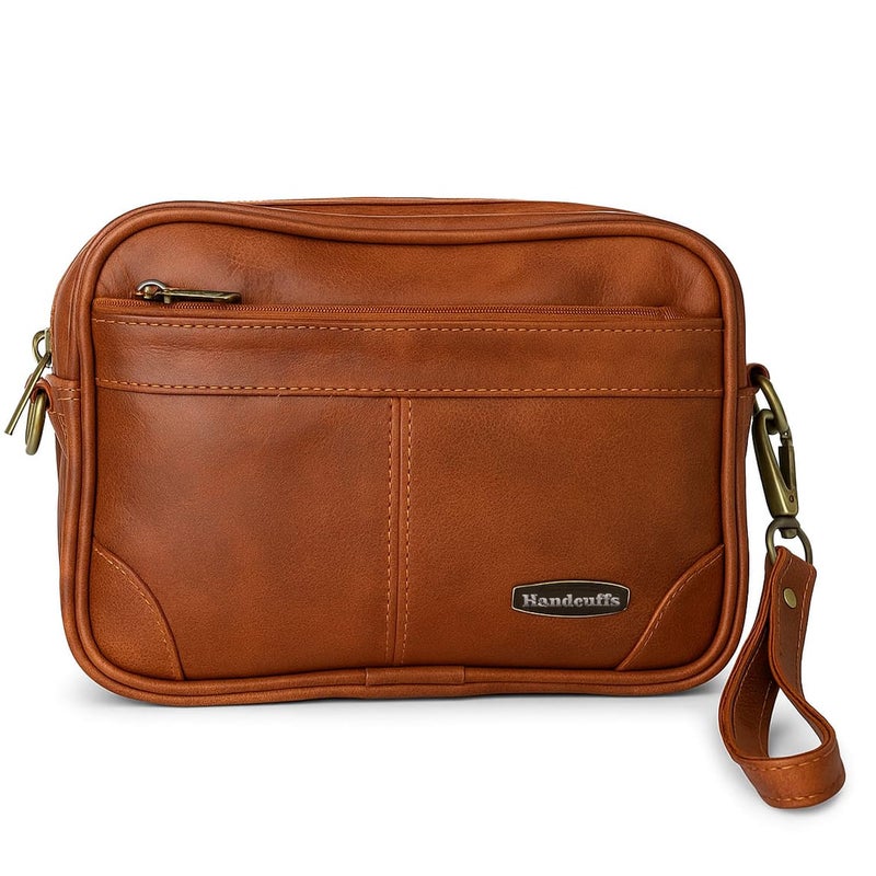 Handcuffs Mens Toiletry Kit Cash Bag | Foam Leather | Money Carrying | Travel | Accessories | Essentials | Pouch | Shaving | Makeup | Cosmetic | Grooming | Handbag (Brown) - Image 1