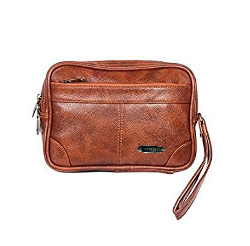 Handcuffs Mens Toiletry Kit Cash Bag | Foam Leather | Money Carrying | Travel | Accessories | Essentials | Pouch | Shaving | Makeup | Cosmetic | Grooming | Handbag (Brown) - Image 2