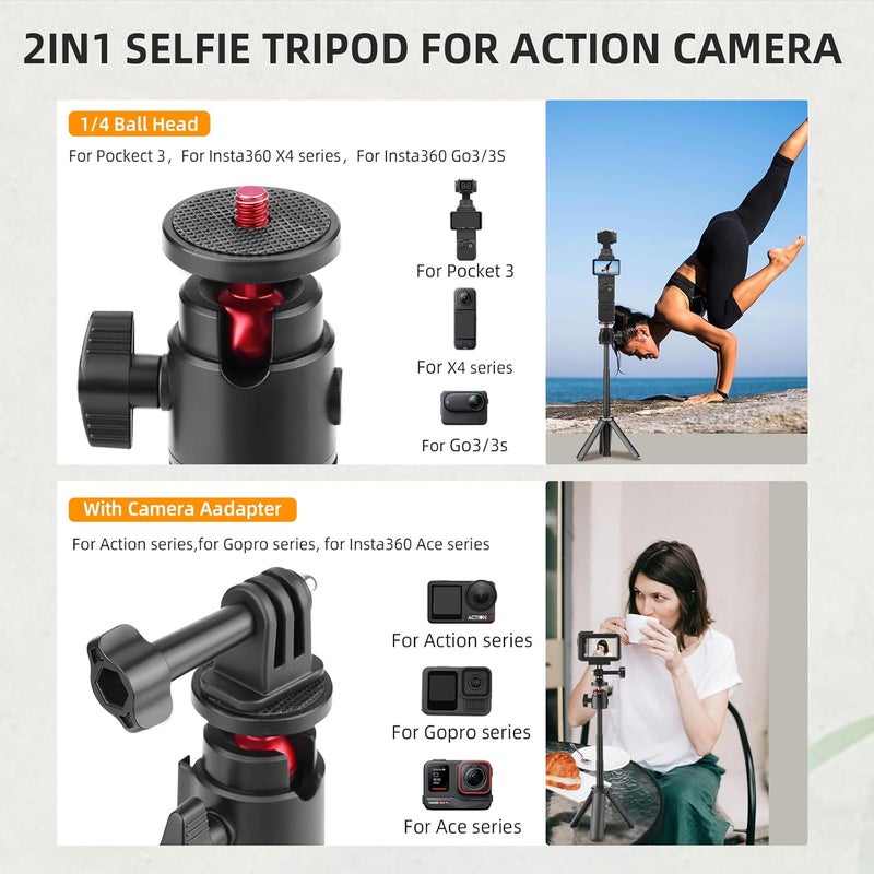 Flymile Mini Tabletop Tripod for Osmo Pocket 3, Portable Vlog Extendable Selfie Stick Stand for GoPro, for DJI Osmo Action 5 Pro/4/3, for Insta360, for AKASO Action Camera Accessories(Black) - Image 2