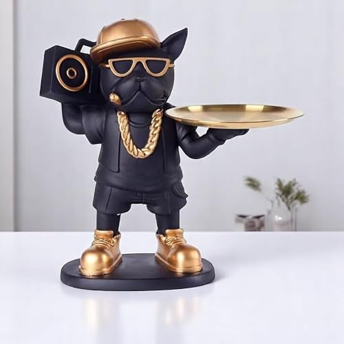 SkyKey Hip Hop French Bulldog Resin Tray Holder – Black and Gold Decorative Dog Statue with Boombox and Tray for Keys, Wallet, Candy, Remote – Funky Home Decor Organizer - Image 1