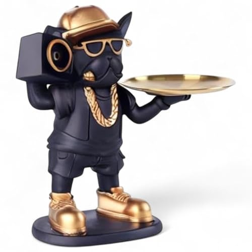 SkyKey Hip Hop French Bulldog Resin Tray Holder – Black and Gold Decorative Dog Statue with Boombox and Tray for Keys, Wallet, Candy, Remote – Funky Home Decor Organizer - Image 4