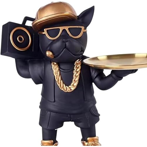 SkyKey Hip Hop French Bulldog Resin Tray Holder – Black and Gold Decorative Dog Statue with Boombox and Tray for Keys, Wallet, Candy, Remote – Funky Home Decor Organizer - Image 5