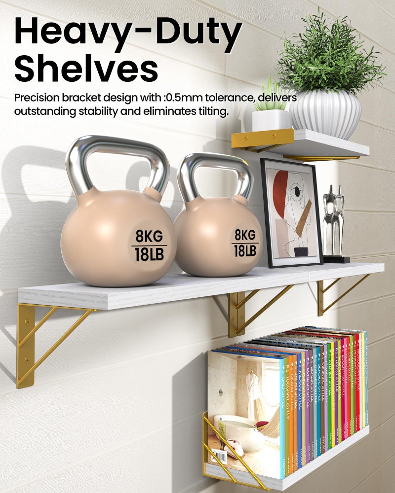 BAYKA Wall Shelves for Bedroom Decor, Floating Wall Shelf for Living Room Kitchen Storage, Mounted Rustic Wood Shelves for Kids Books, Christmas Decorations for Room(White and Goldï¼ŒSet of 4) - Image 4