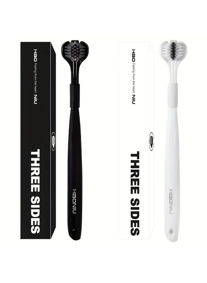 2pcs Black And White Manual Toothbrushes Deep Cleaning Triple Layered Microfiber Bristles - Image 3
