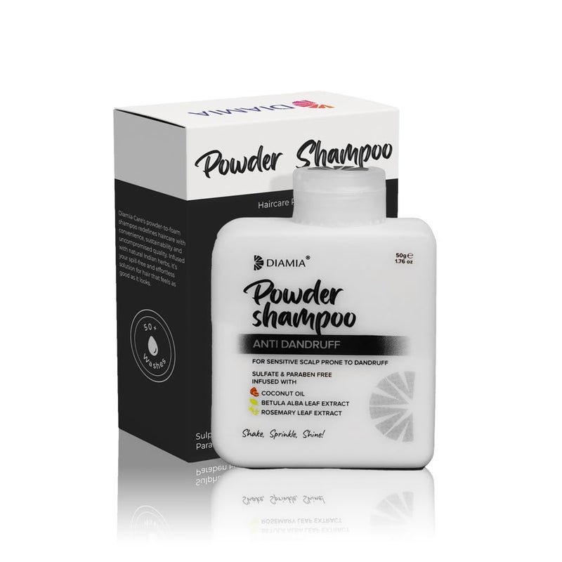 DIAMIA AntiDandruff Shampoo Powder 50g TravelFriendly PowdertoFoam for Itchy Scalp Flake Control With Tea Tree Oil Menthol Zinc PCA Refreshing DandruffFree Sulphate ParabenFree