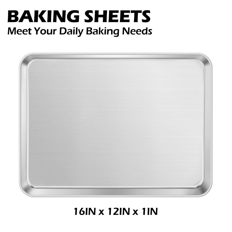 Leonyo Stainless Steel Baking Sheets Pan, Leonyo 2 Pack 16IN x 12IN Stainless Steel Cookies Sheets for Baking, 1IN Deep Metal Toaster Jelly Roll Pan Tray for Oven, Dishwasher Safe - Image 2