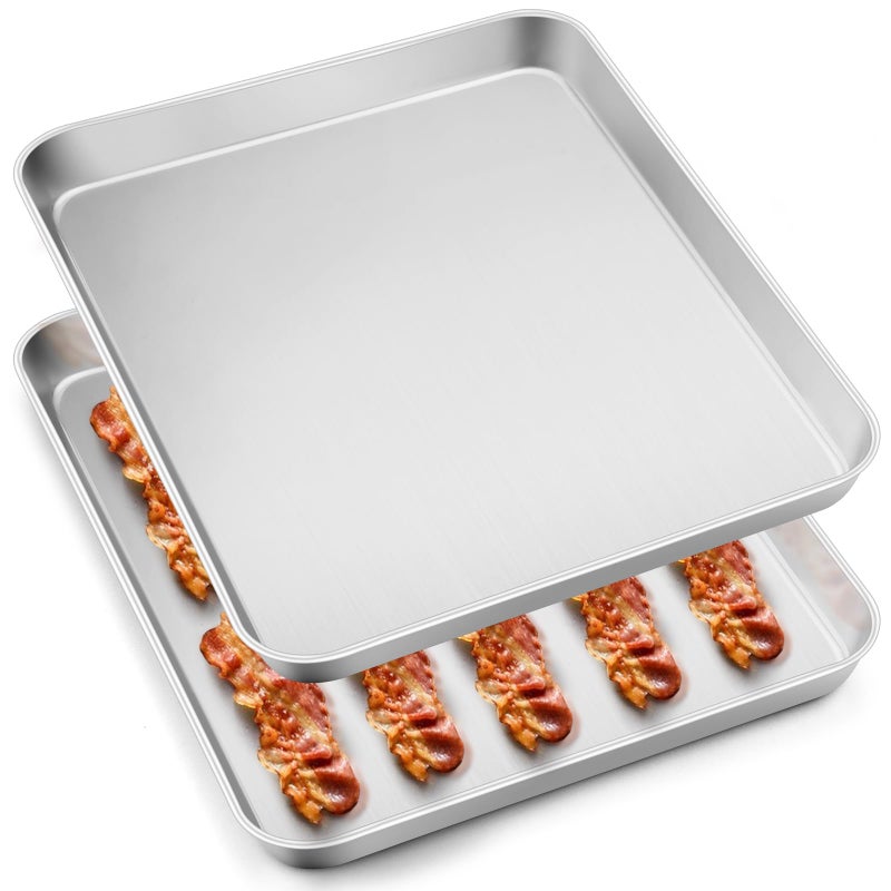 Leonyo Stainless Steel Baking Sheets Pan, Leonyo 2 Pack 16IN x 12IN Stainless Steel Cookies Sheets for Baking, 1IN Deep Metal Toaster Jelly Roll Pan Tray for Oven, Dishwasher Safe - Image 1