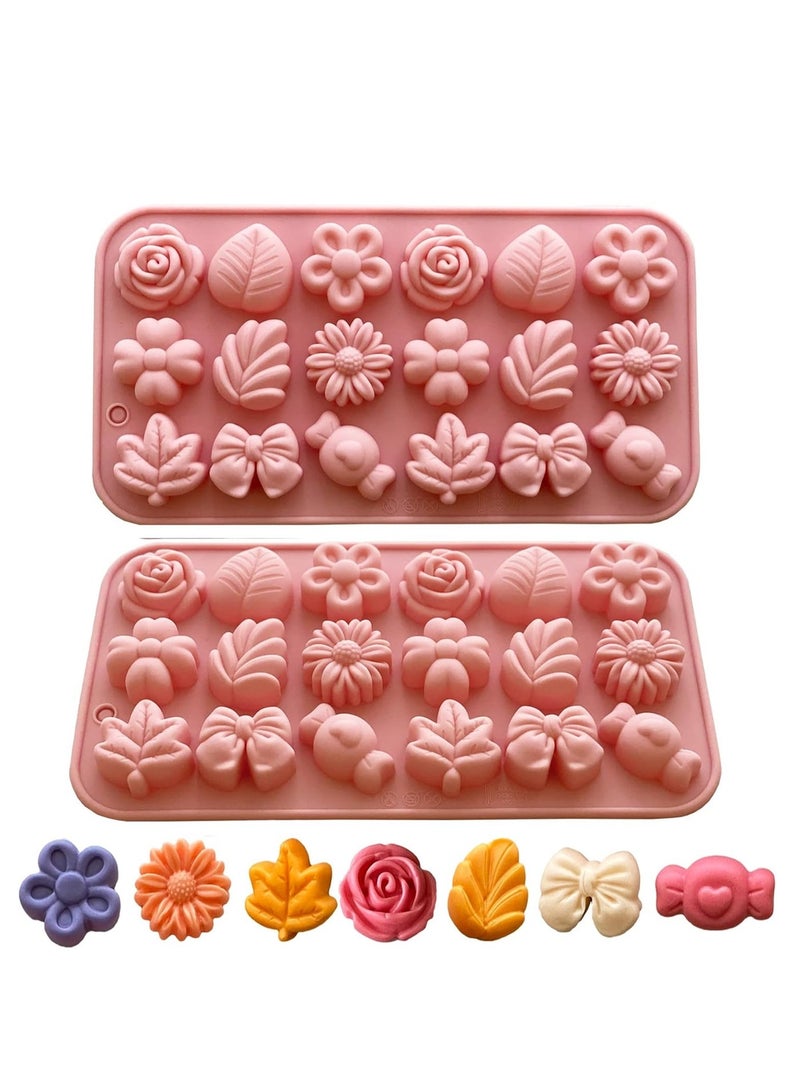 Flower Candy Molds Silicone 2PCS Daisy Flower Chocolate Molds Tulip Flower Molds Bow Tie Leaf Jello Molds Ice Mold Pudding Molds Soap Molds Cookie Molds for Desserts Making - Image 1
