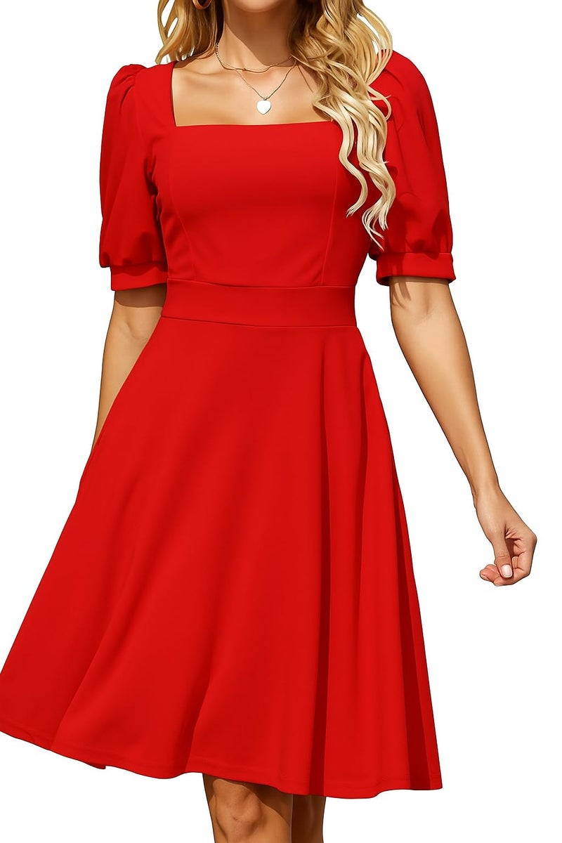 TATAIYA Women's Square Neck Half-Sleeve Cocktail Plus Size Dress (PLS06_Red_2XL) - Image 1