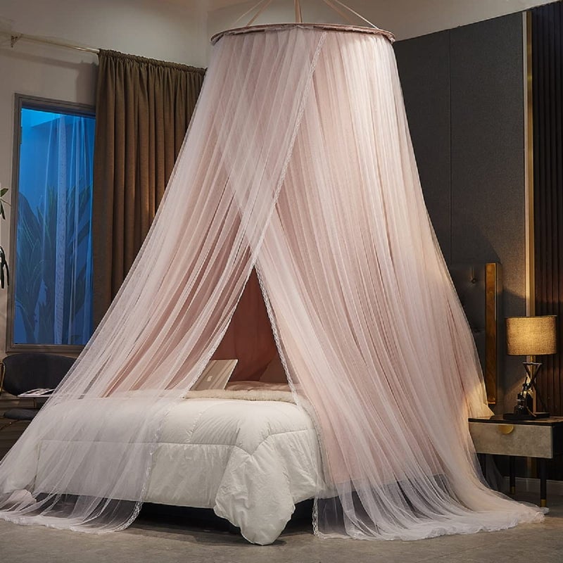 Kertnic Luxurious Bed Canopy for Girls & Adults - Double Layer Princess Canopy with Lace, Round Dome Mosquito Netting for Queen/King Bed Tent (Pink) - Image 2