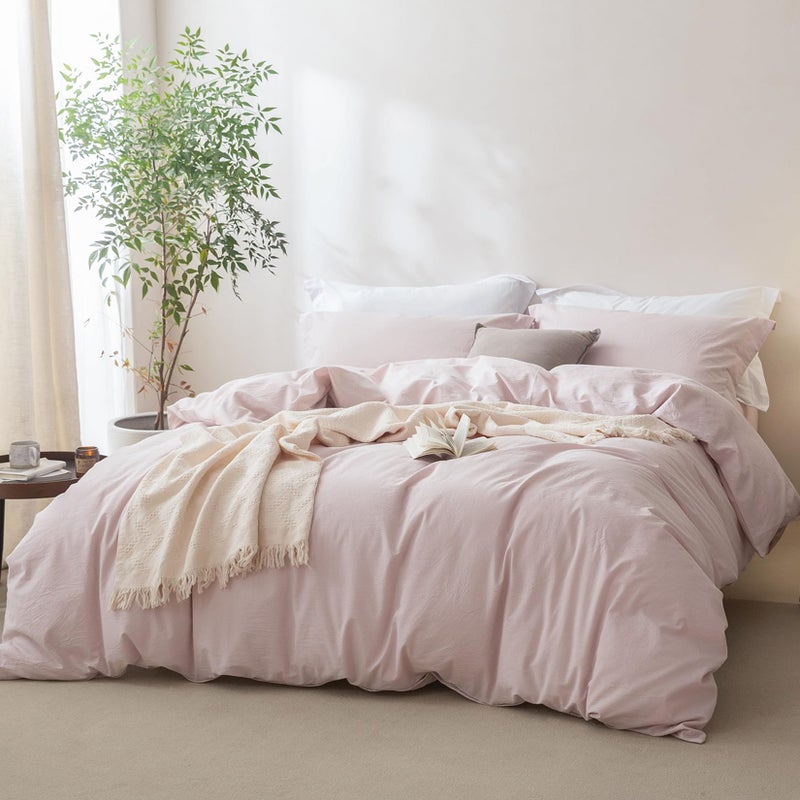 BDEAR Linen Feel Duvet Cover King Size, 100% Washed Cotton Comforter Cover 90x90inch with Zipper Closure Plus 2 Pillowcases, Solid-Greyish Pink - Image 1