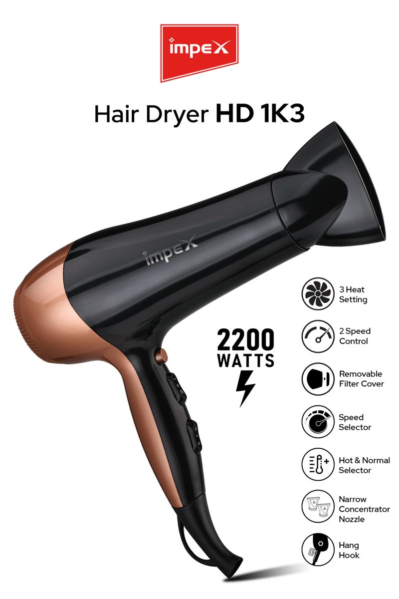 إمبكس مجفف شعر Impex Premium Quality 1800 W - 2200 W مع 3 إعدادات حرارة، تحكم بسرعتين، عناية أيونية، فوهة ضيقة وفلتر قابل للإزالة - HD 1K3 - أسود ونحاسي - Image 1