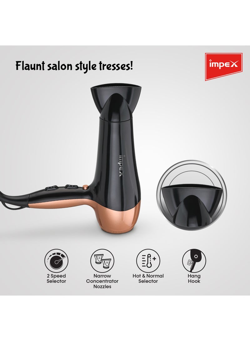 إمبكس مجفف شعر Impex Premium Quality 1800 W - 2200 W مع 3 إعدادات حرارة، تحكم بسرعتين، عناية أيونية، فوهة ضيقة وفلتر قابل للإزالة - HD 1K3 - أسود ونحاسي - Image 4