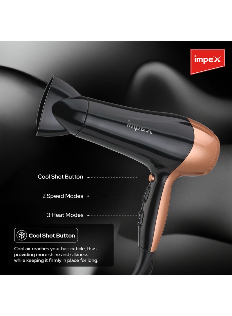 إمبكس مجفف شعر Impex Premium Quality 1800 W - 2200 W مع 3 إعدادات حرارة، تحكم بسرعتين، عناية أيونية، فوهة ضيقة وفلتر قابل للإزالة - HD 1K3 - أسود ونحاسي - Image 5