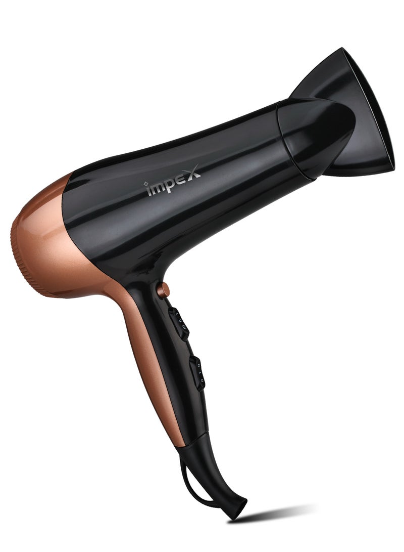 إمبكس مجفف شعر Impex Premium Quality 1800 W - 2200 W مع 3 إعدادات حرارة، تحكم بسرعتين، عناية أيونية، فوهة ضيقة وفلتر قابل للإزالة - HD 1K3 - أسود ونحاسي - Image 3