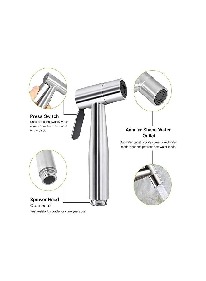 The Bros مجموعة مسدس رش الماء للمرحاض 3 قطع، رشاش يدوي للبيضة شطاف مع خرطوم كروم من الفولاذ المقاوم للصدأ، فضي - Image 3