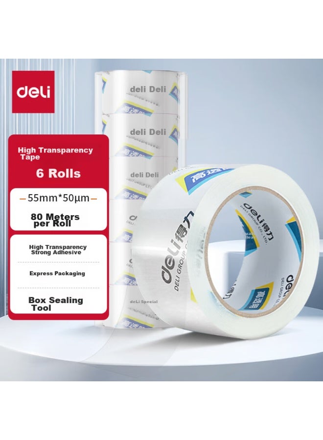 ديلي Deli شريط تغليف شفاف عالي الجودة، 55mm*80m*50um، 6 لفات/أنبوب، لوازم مكتبية، 30289 - Image 1