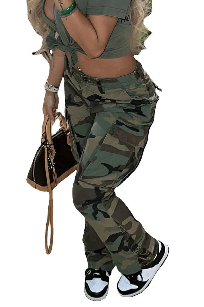 NRTHYE Women Camo Cargo Pants Pocket Zipper High Waist Patchwork Straight Casual Trousers - Image 4