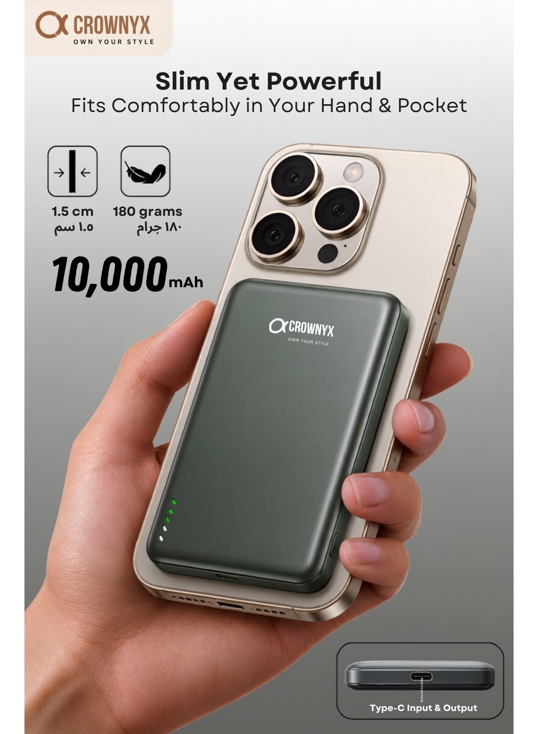 CROWNYX CPH10K (10000mAh) Wireless Power Bank Magnetic MagSafe Wireless Portable Charger Fast Charging Charger PD 15W Wired Charging iPhone MagSafe Charger Battery Pack For iPhone 16 15 Series Apple Watch S10 Airpods
