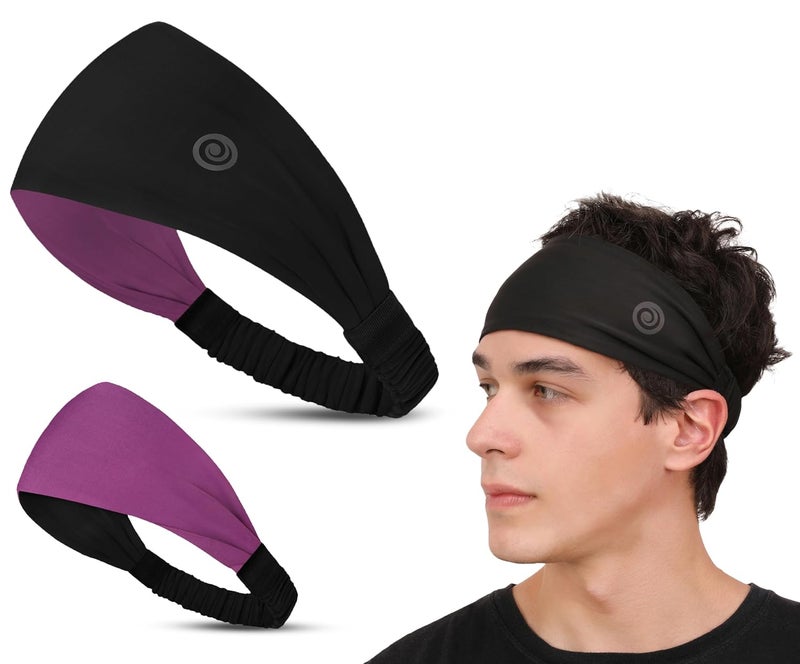 Athmonk Lycra Multipurpose Reversible Headband for Men Women, Colorful Stylish Sweatband Quick Dry Manage Long Hair Wide Snug Fit Elastic for Sports, Running, Gym, Cricket, Badminton, Black - Image 1