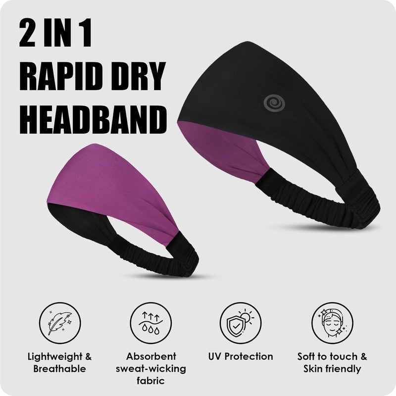Athmonk Lycra Multipurpose Reversible Headband for Men Women, Colorful Stylish Sweatband Quick Dry Manage Long Hair Wide Snug Fit Elastic for Sports, Running, Gym, Cricket, Badminton, Black - Image 2