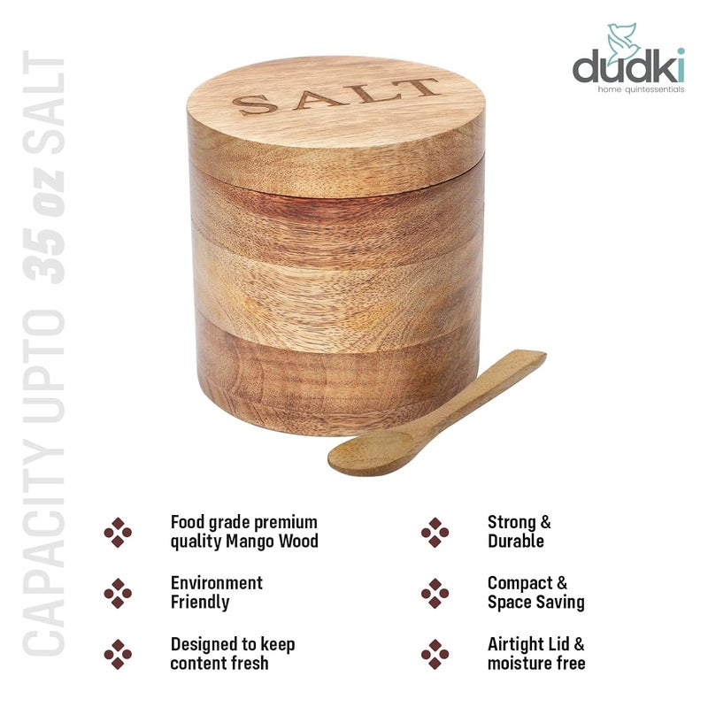 dudki Wooden Salt Box with Magnetic Lid & Wooden spoon| Round Salt Container| Bowl Pot Jar Salt Box | Mango Wood for Dinning Table| Kitchen Home| Seasonings 800 ml - Image 2