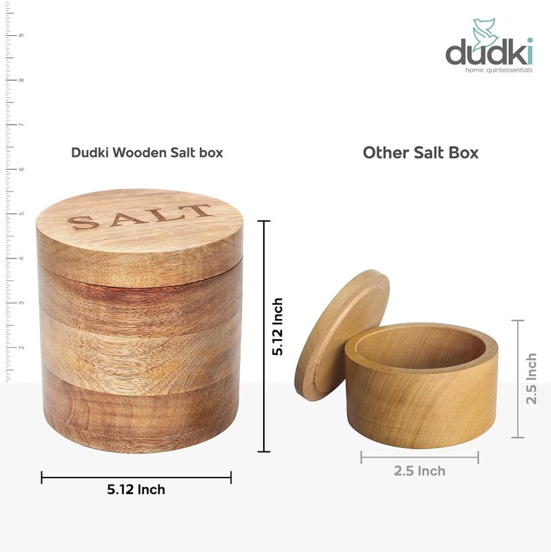 dudki Wooden Salt Box with Magnetic Lid & Wooden spoon| Round Salt Container| Bowl Pot Jar Salt Box | Mango Wood for Dinning Table| Kitchen Home| Seasonings 800 ml - Image 4