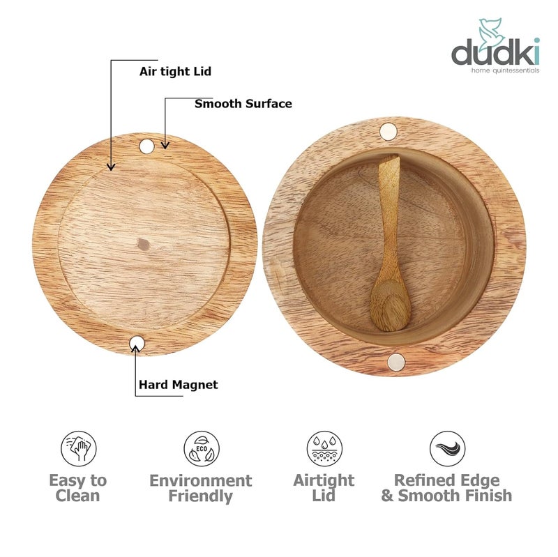 dudki Wooden Salt Box with Magnetic Lid & Wooden spoon| Round Salt Container| Bowl Pot Jar Salt Box | Mango Wood for Dinning Table| Kitchen Home| Seasonings 800 ml - Image 3
